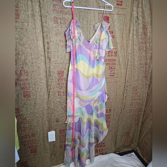 ASOS Design pastel kawaii ruffle asymmetric maxi dress in abstract print 14 - Picture 6 of 7